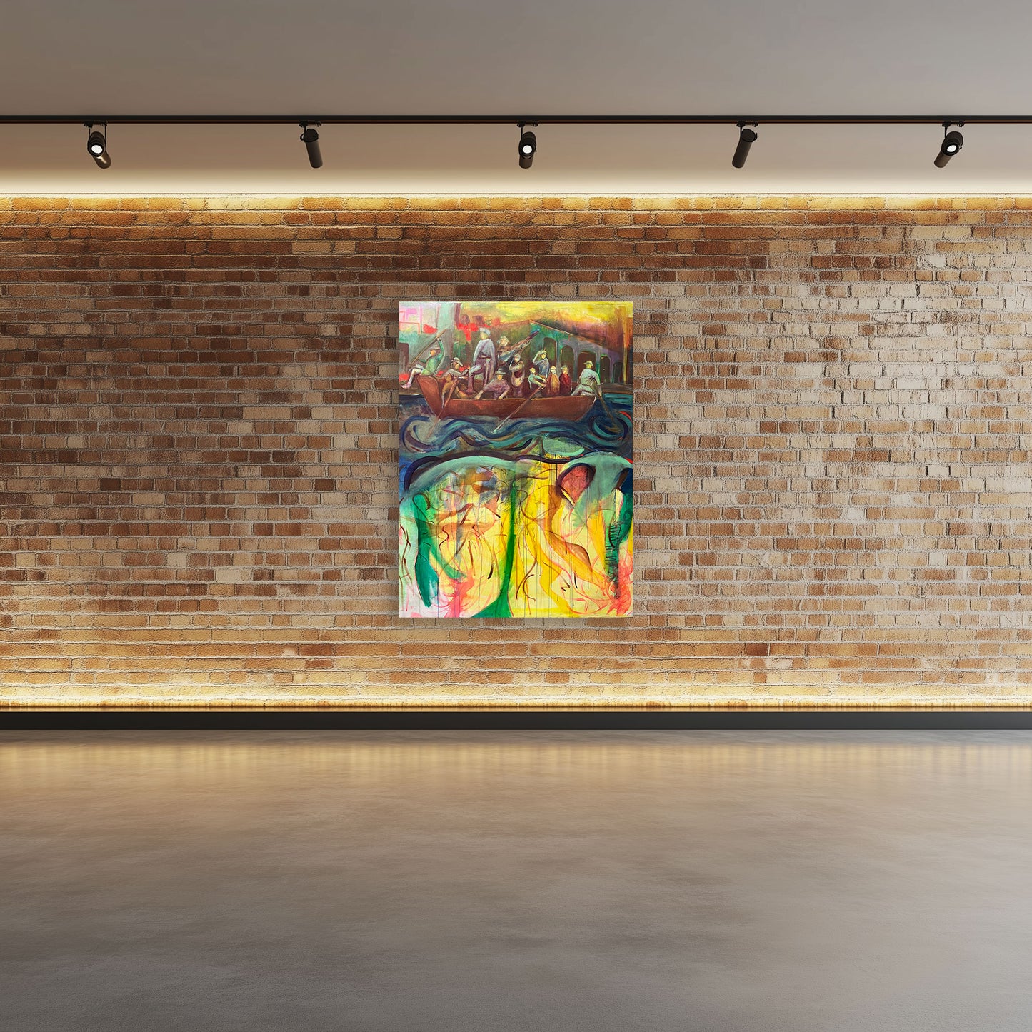 Crossing the Delaware oil painting by Guillo Perez II over a brick wall with warm lighting.