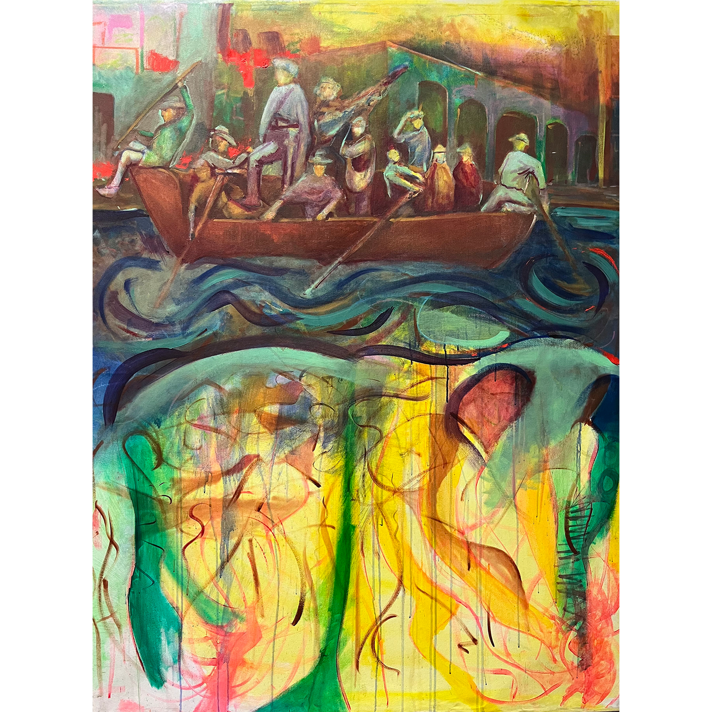 Crossing the Delaware, an oil painting on stretched canvas by Guillo Perez 3 featuring a reinterpretation of 'Washington Crossing the Delaware' with bold brushwork and vibrant colors.