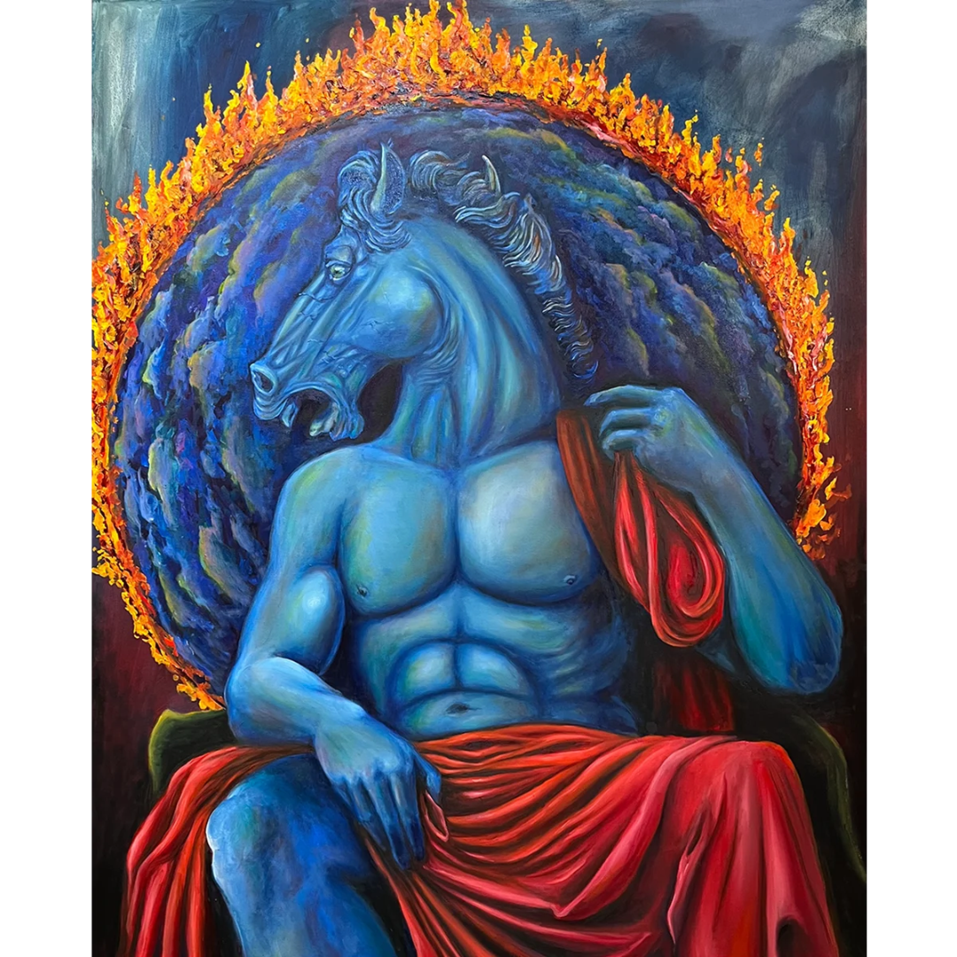 Claudere Fenestram, original oil painting by Blake Emory, a seated blue figure with a horse’s head before a ring of fire and a red cloth over its lap, Marcolina’s Fine Arts Gallery, Tampa, Florida.