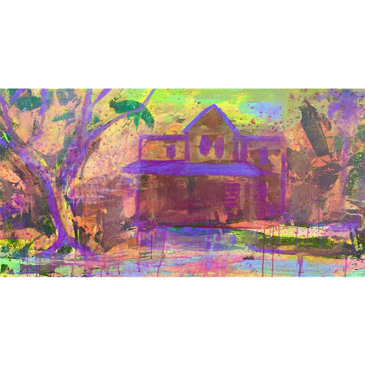 It’s Dawn’s First Light” oil painting by Guillo Perez 3 featuring a glowing horizon, rich textures, and expressive palette-knife strokes of a South Tampa Victorian home.