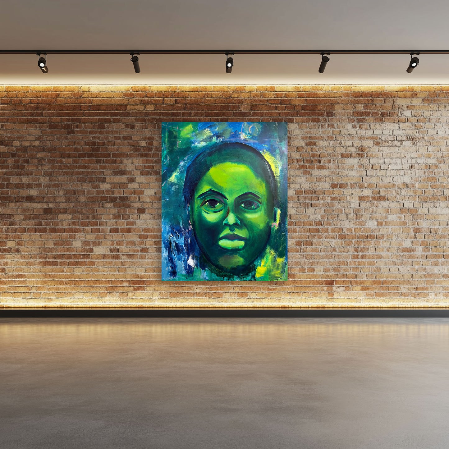 Donielle by Guillo Perez 3 oil portrait on canvas featuring vibrant emerald green, blue, and yellow tones, over a brick wall.