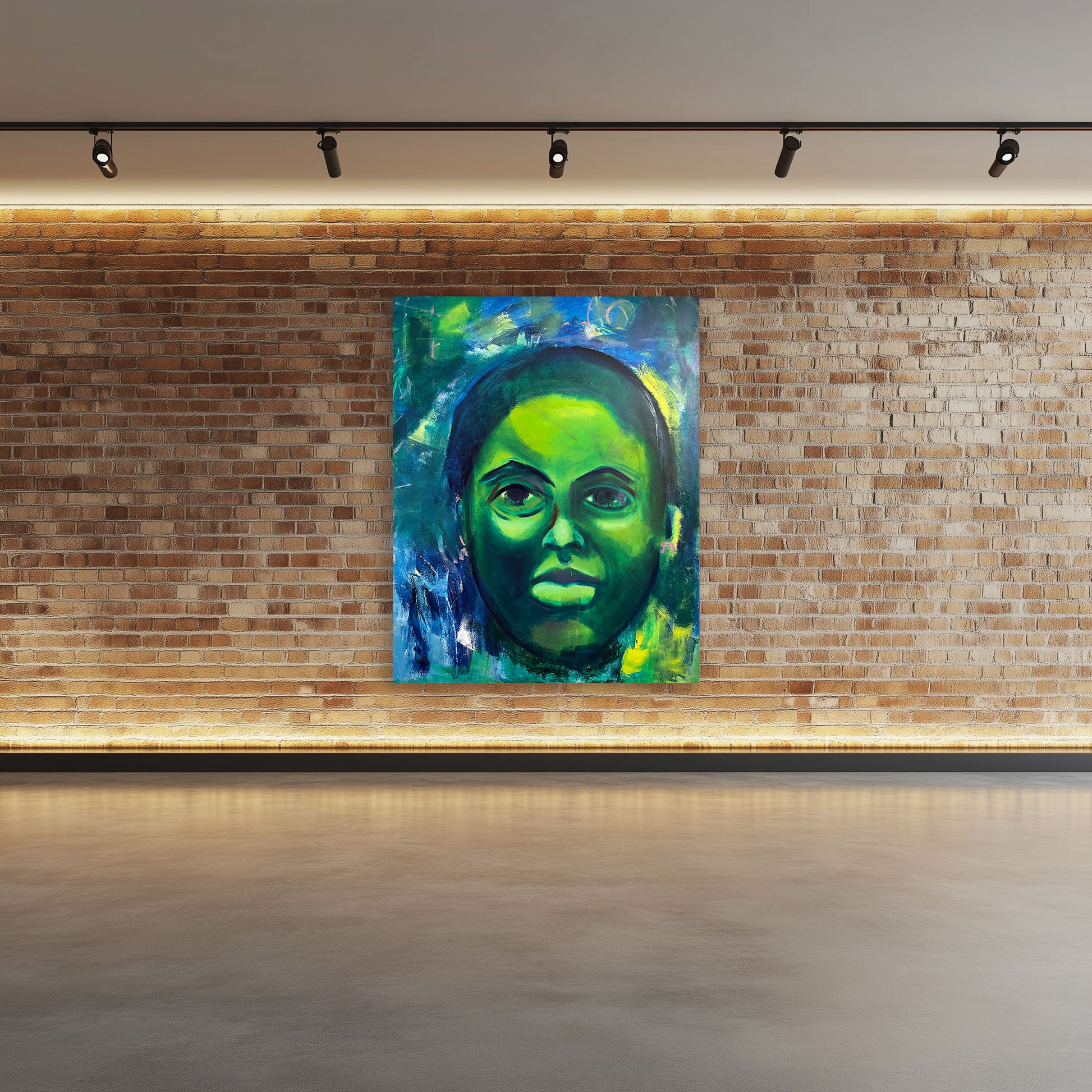 Donielle by Guillo Perez 3 oil portrait on canvas featuring vibrant emerald green, blue, and yellow tones, over a brick wall.
