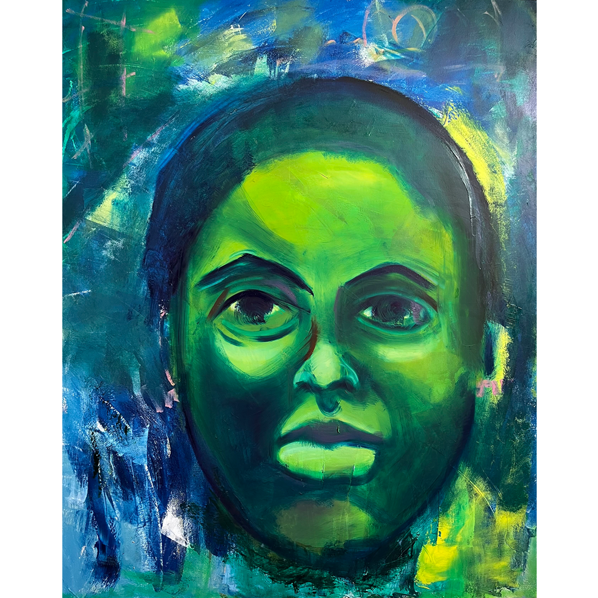 Donielle by Guillo Perez 3 oil portrait on canvas featuring vibrant emerald green, blue, and yellow tones, blending classical portraiture with modern expression.