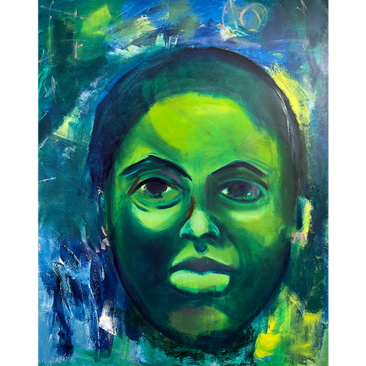 Donielle by Guillo Perez 3 oil portrait on canvas featuring vibrant emerald green, blue, and yellow tones, blending classical portraiture with modern expression.