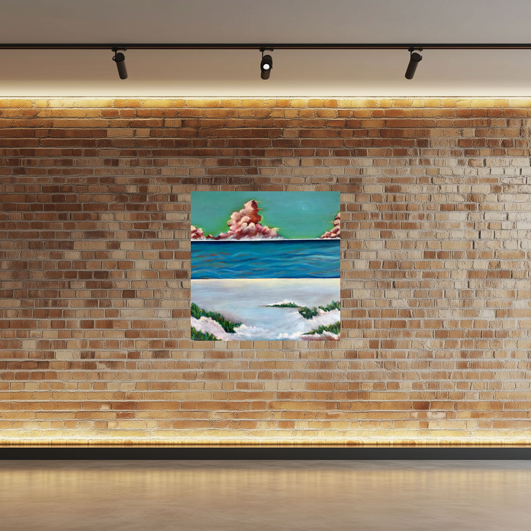 Day Dreams Clouds 2, acrylic painting by Elizabeth Fontaine-Barr, Marcolina's Fine Arts Gallery, Tampa, Florida on brick wall.