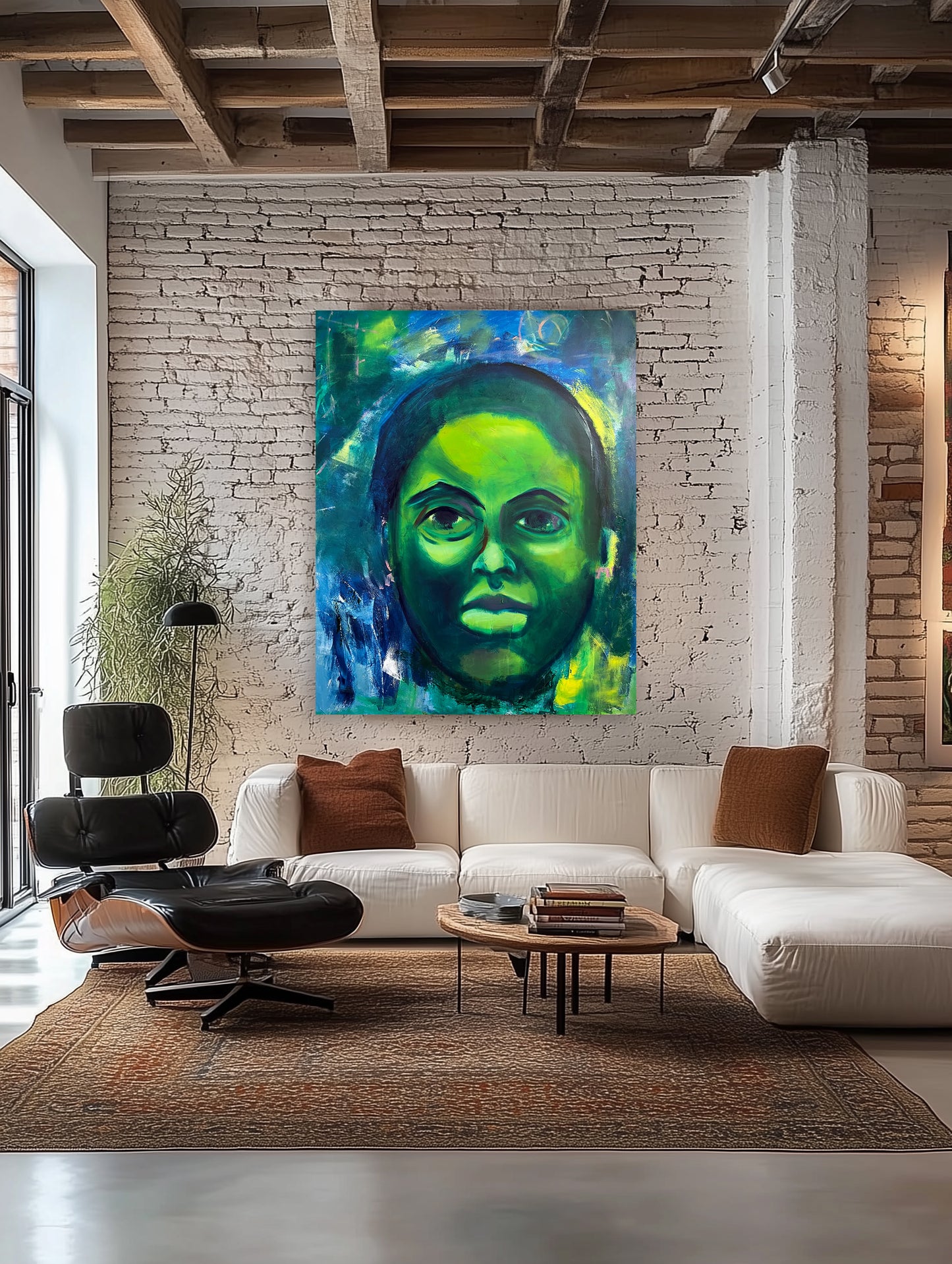 Donielle by Guillo Perez III oil portrait on canvas featuring vibrant emerald green, blue, and yellow tones, in a modern living room setting.
