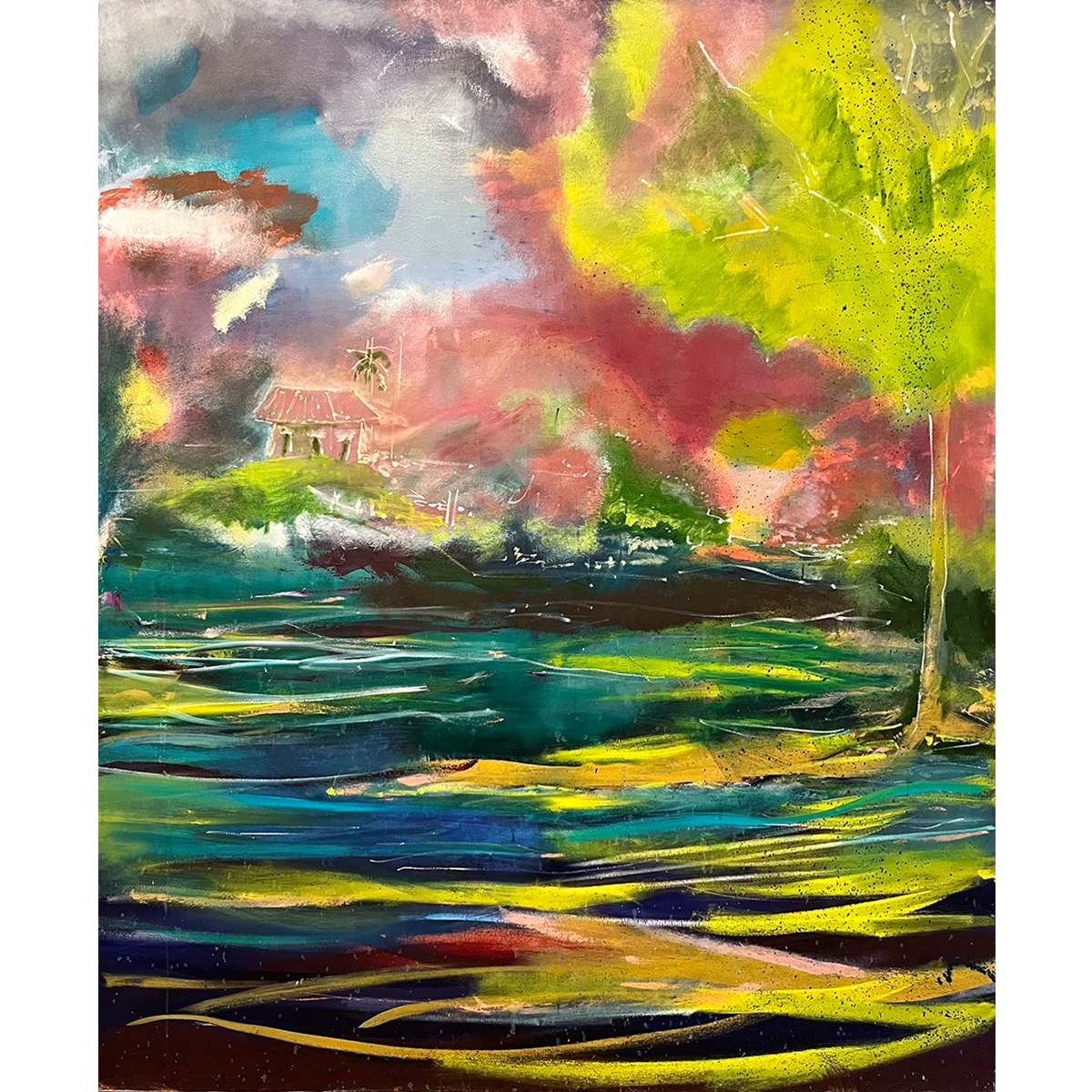 Home of the Brave by Guillo Perez III, oil painting featuring a serene watery scene with a tree, island, and house, symbolizing sanctuary, belonging, and personal fulfillment.
