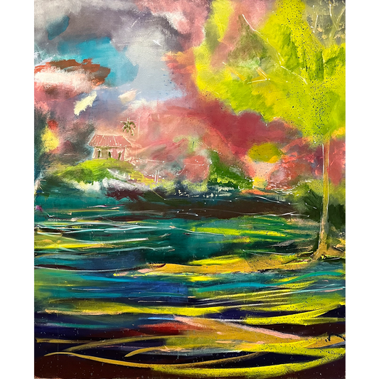 Home of the Brave by Guillo Perez III, oil painting featuring a serene watery scene with a tree, island, and house, symbolizing sanctuary, belonging, and personal fulfillment.
