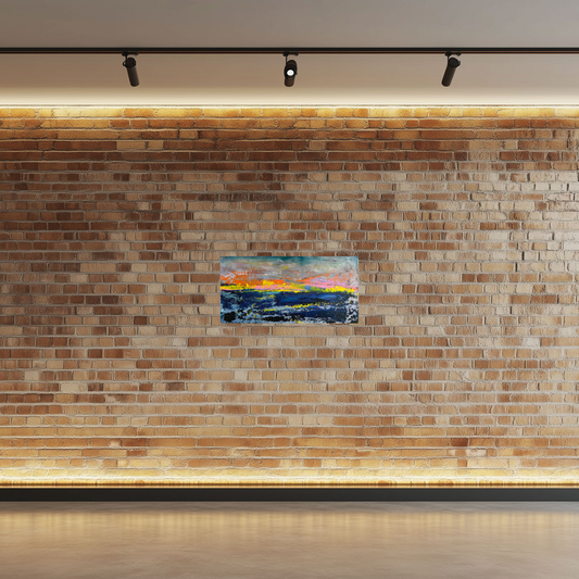 Horizon II, oil painting by Guillo Pérez 3, displayed on a brick wall, Marcolina's Fine Arts Gallery, Tampa, Florida