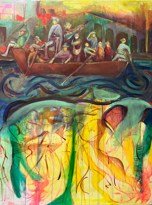 Guillo Perez III's reinterpretation of Emanuel Leutze's 'Washington Crossing the Delaware,' oil painting on stretched canvas, modern abstract style.