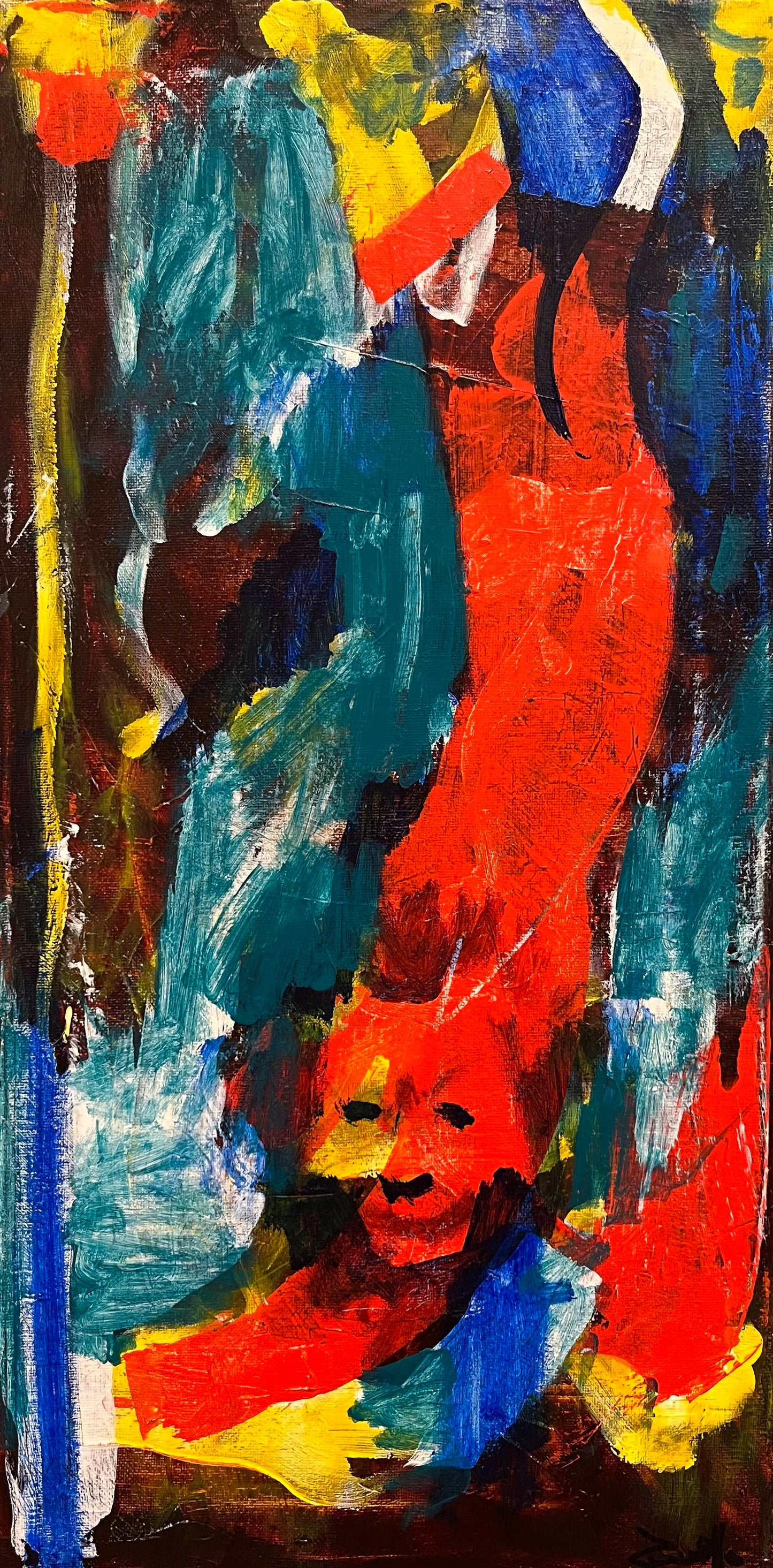 Abstract cat artwork with vibrant colors and dynamic shapes