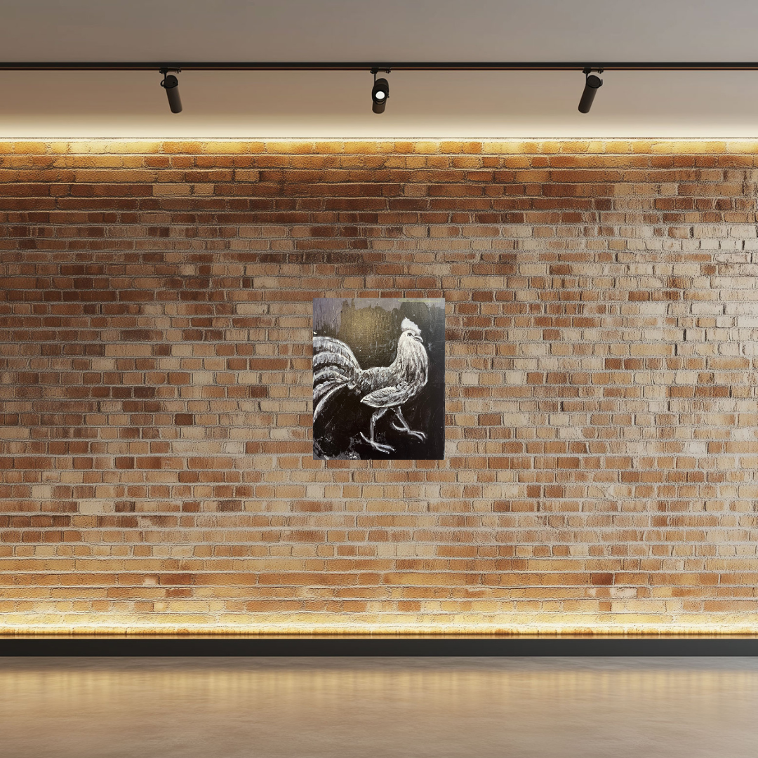 Guillo Perez 3's acrylic monochrome painting of a rooster on a brick wall with warm lighting.