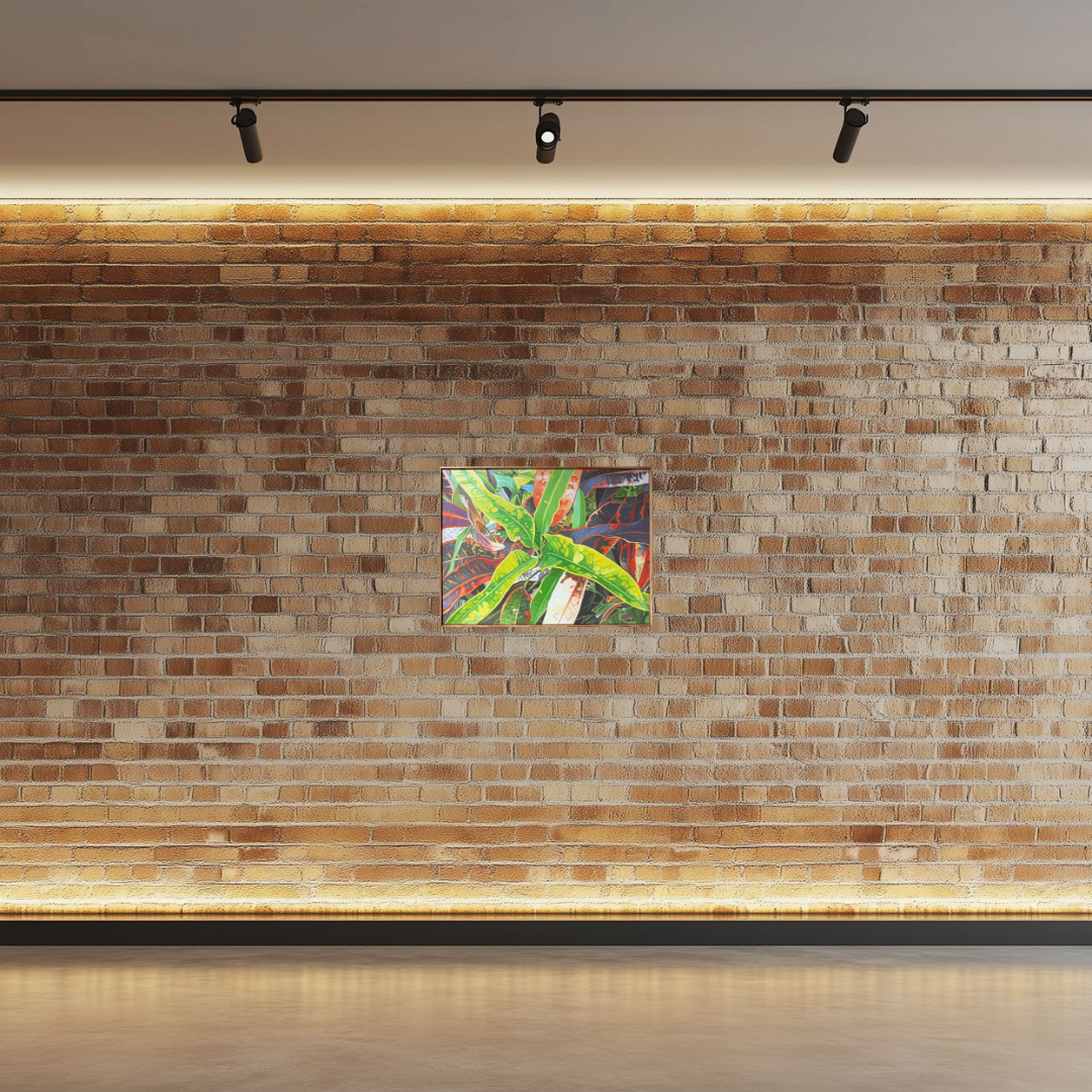 Nature Series Seven, oil painting by John Gurbacs, displayed on a brick wall, Marcolina's Fine Arts Gallery, Tampa, Florida