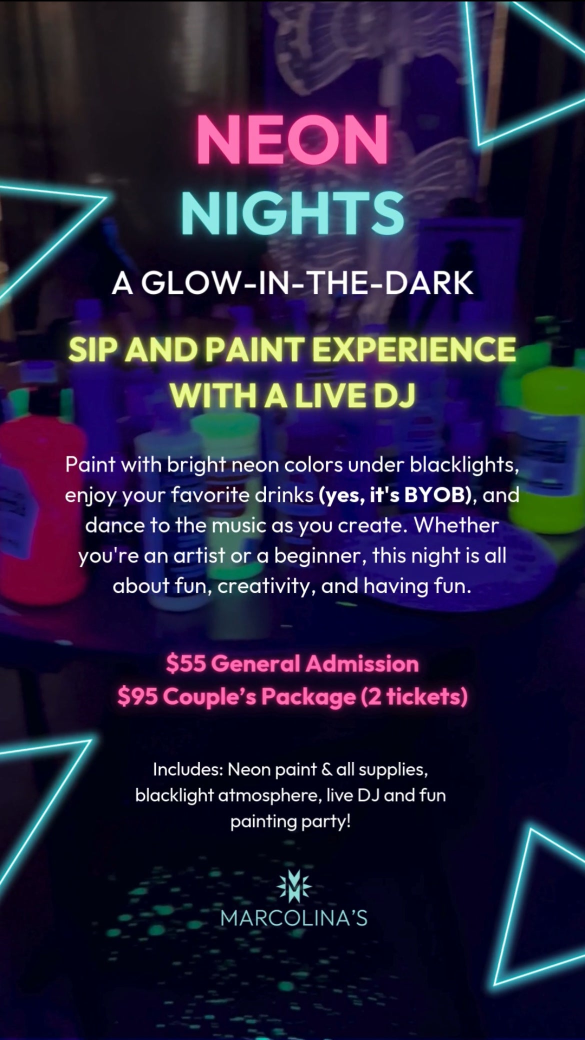 Promotional flyer for Marcolina's art gallery glow-in-the-dark sip and paint event with neon lights.