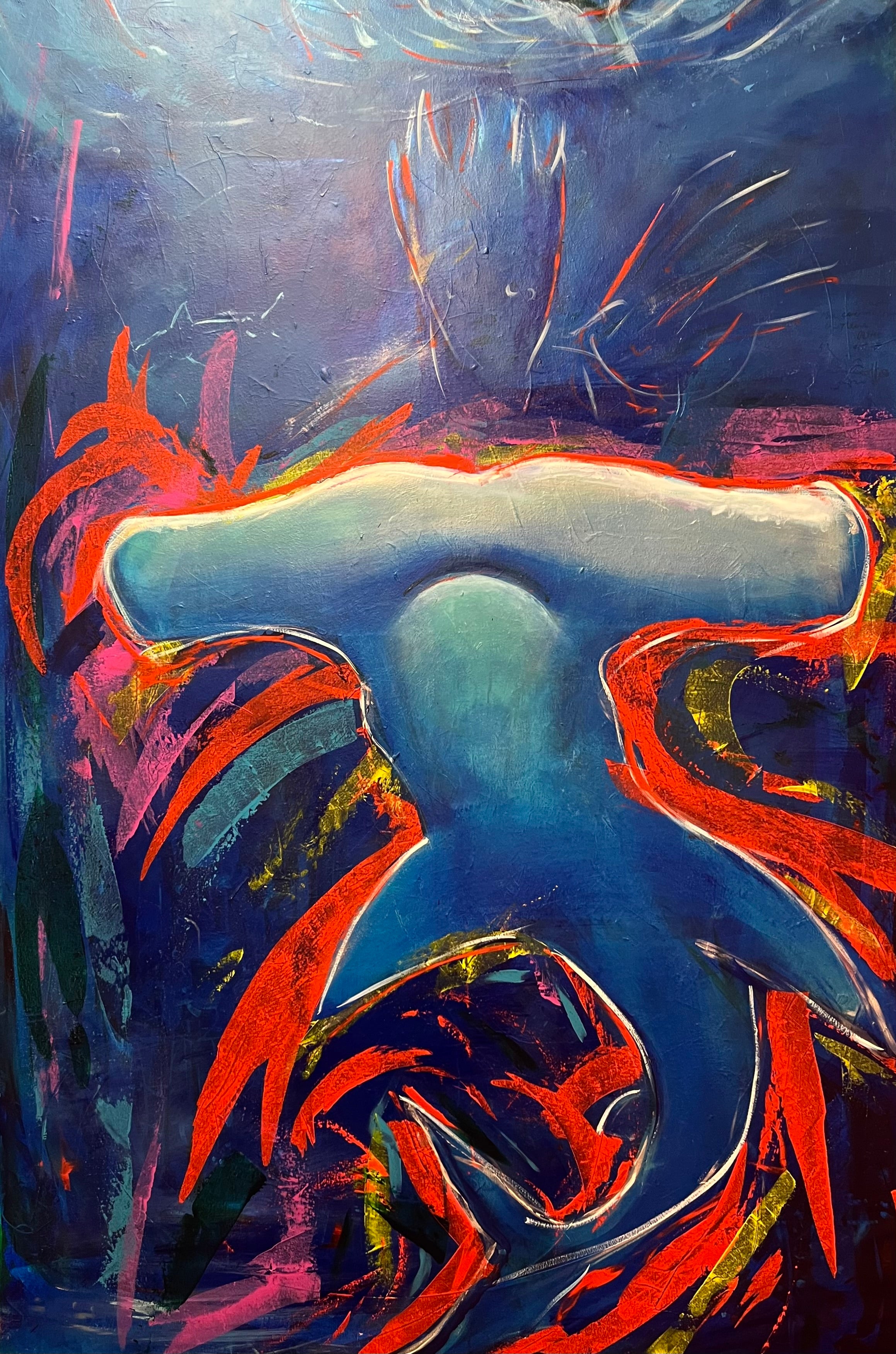 Poseidon oil painting by Guillo Perez 3 depicting a hammerhead shark and a being over it as if it were riding it.