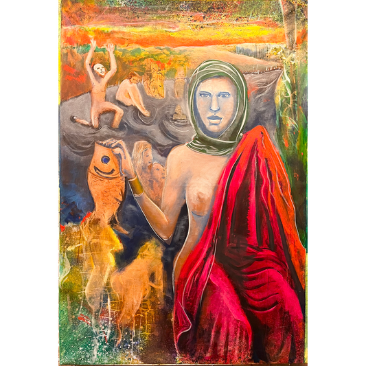 Return of Abundance by Guillo Perez 3, oil painting of a figure holding a fish amidst fiery skies and turbulent waters, symbolizing resilience, hope, and harmony in chaos.