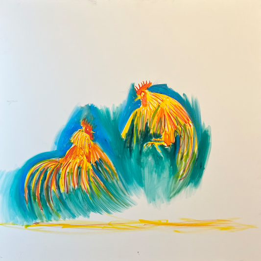 Rooster Fight, oil painting by Guillo Pérez 3, Marcolina's Fine Arts Gallery, Tampa, Florida.