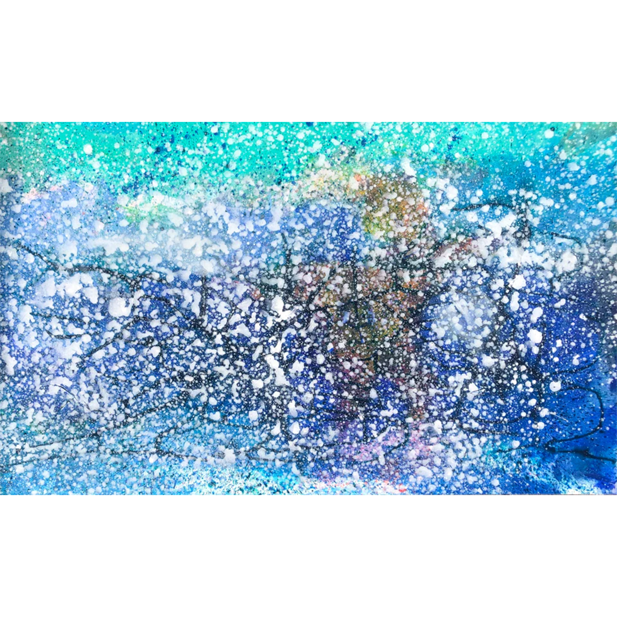 Seven Seas by Guillo Perez III, mixed media on canvas featuring cosmic blues, greens, yellows, and white with a subtle surfer figure emerging from abstract forms.
