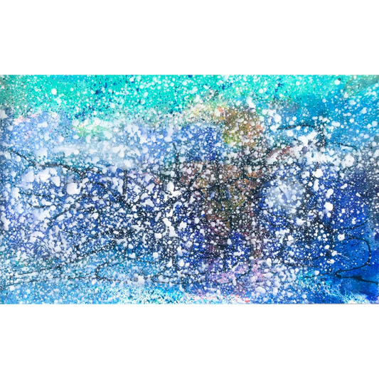 Seven Seas by Guillo Perez III, mixed media on canvas featuring cosmic blues, greens, yellows, and white with a subtle surfer figure emerging from abstract forms.
