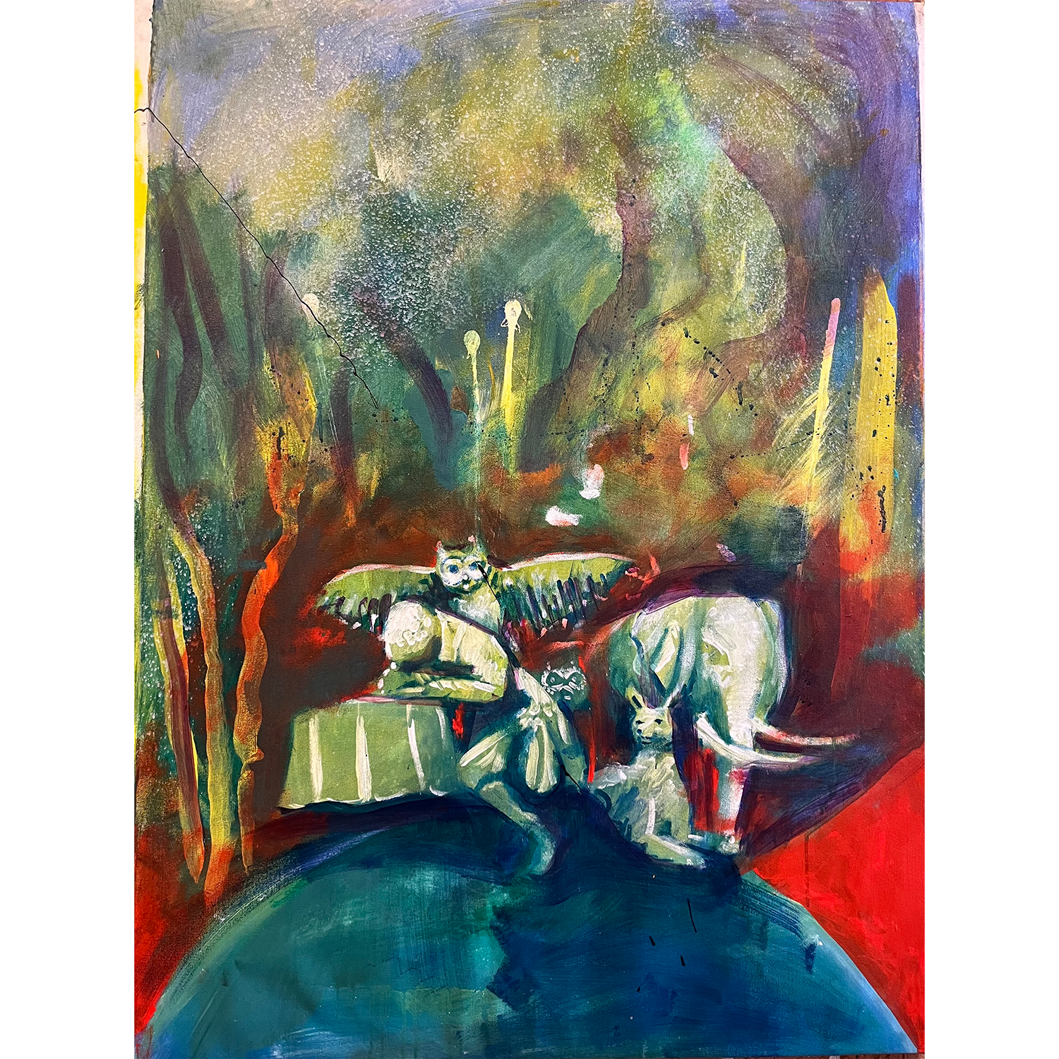 Study on Mattese by Guillo Perez III, oil painting merging surrealism and vibrant expressionism, showing symbolic animals like an owl, elephant, and feline in a dreamlike landscape.
