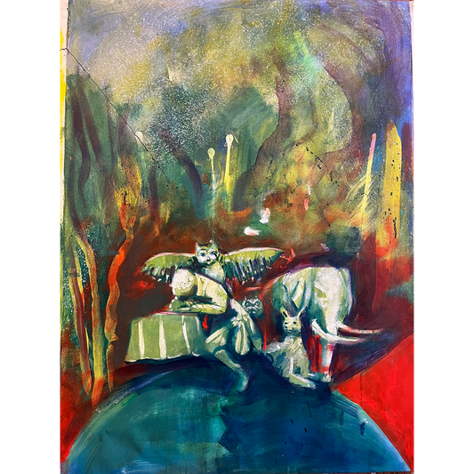 Study on Mattese by Guillo Perez III, oil painting merging surrealism and vibrant expressionism, showing symbolic animals like an owl, elephant, and feline in a dreamlike landscape.