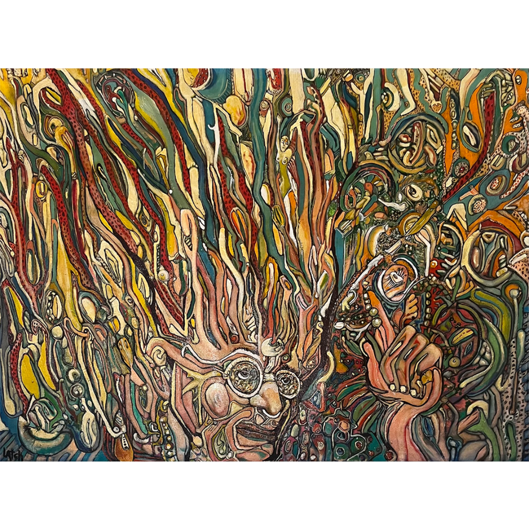 The Big Idea, original mixed media on canvas by Greg Latch, a bespectacled face whose hair erupts into ribbons of red, teal and cream beside a raised hand and a crowd of cogs and small faces, Marcolina's Fine Arts Gallery, Tampa, Florida