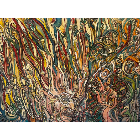 The Big Idea, original mixed media on canvas by Greg Latch, a bespectacled face whose hair erupts into ribbons of red, teal and cream beside a raised hand and a crowd of cogs and small faces, Marcolina's Fine Arts Gallery, Tampa, Florida