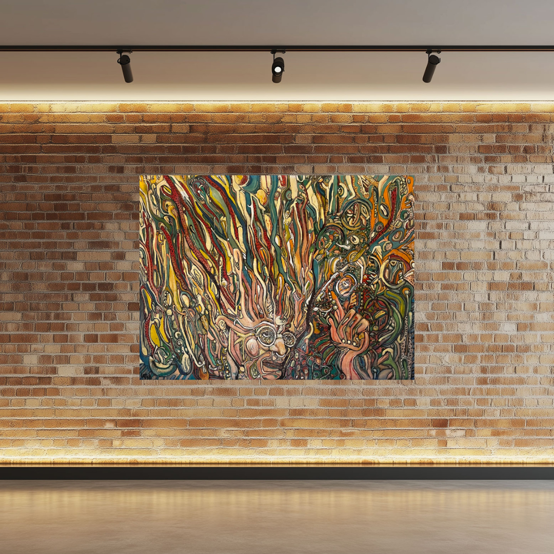 The Big Idea, original mixed media on canvas by Greg Latch, a bespectacled face whose hair erupts into ribbons of red, teal and cream beside a raised hand and a crowd of cogs and small faces, displayed on a brick wall, Marcolina's Fine Arts Gallery, Tampa, Florida