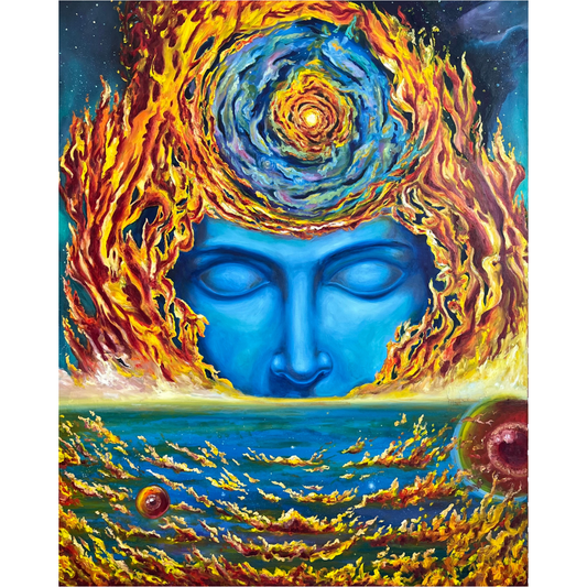The Other Side, original oil painting by Blake Emory, a blue face with closed eyes framed by flames, with a spiral galaxy above and a burning sea below, Marcolina’s Fine Arts Gallery, Tampa, Florida