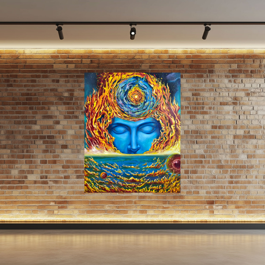 The Other Side, original oil painting by Blake Emory on a brick wall, a blue face with closed eyes framed by flames, with a spiral galaxy above and a burning sea below, Marcolina’s Fine Arts Gallery, Tampa, Florida