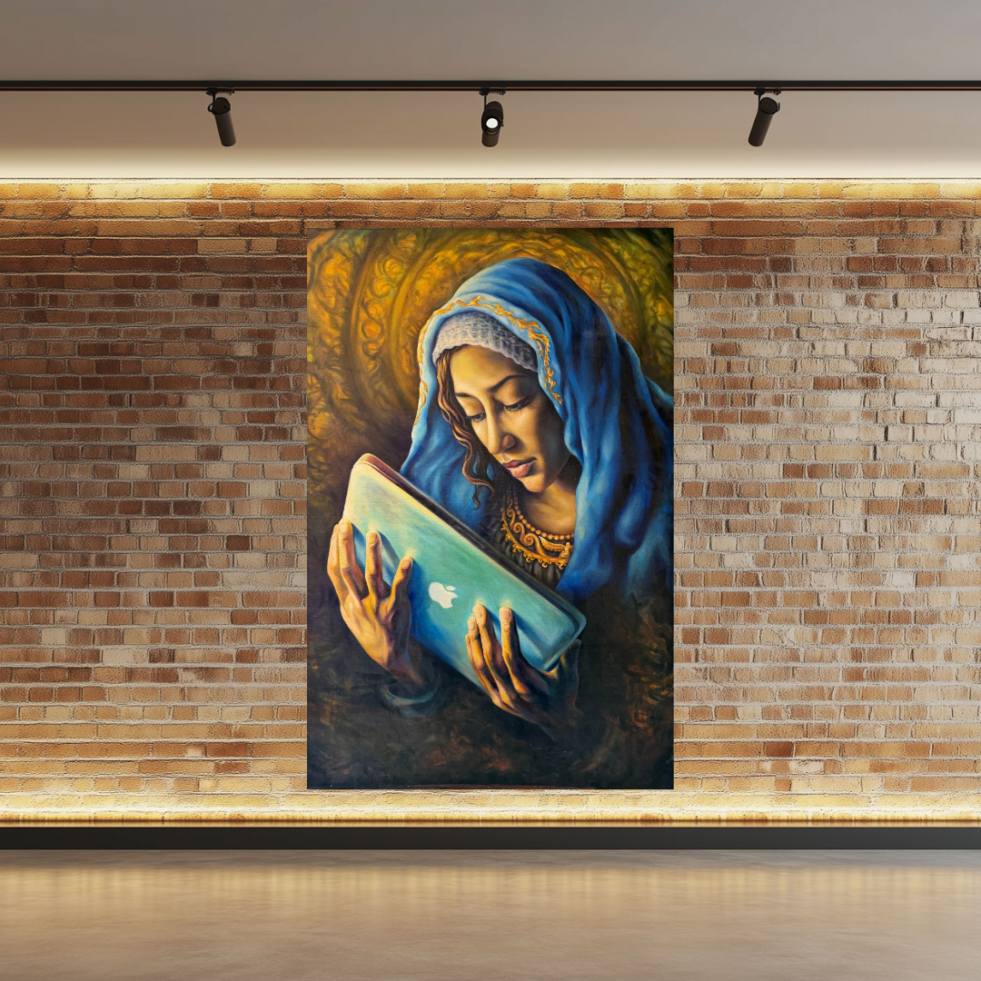 Anonymous contemporary painting depicting a serene female figure in blue and gold holding a laptop with an Apple logo, blending sacred iconography with modern technology presented over a brick wall.