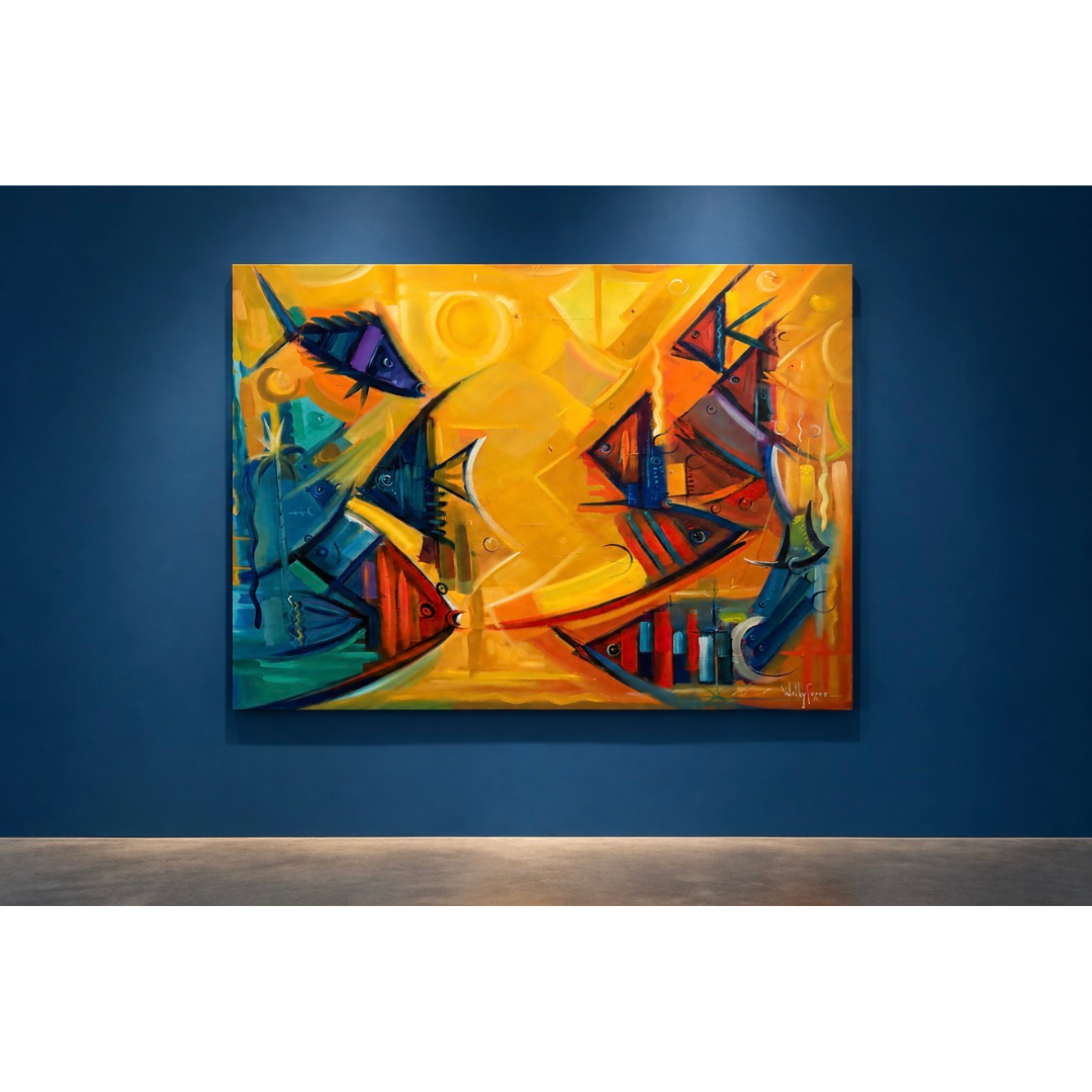 Acuario by Willy Pérez on a deep blue gallery wall, large original mixed media fish painting.