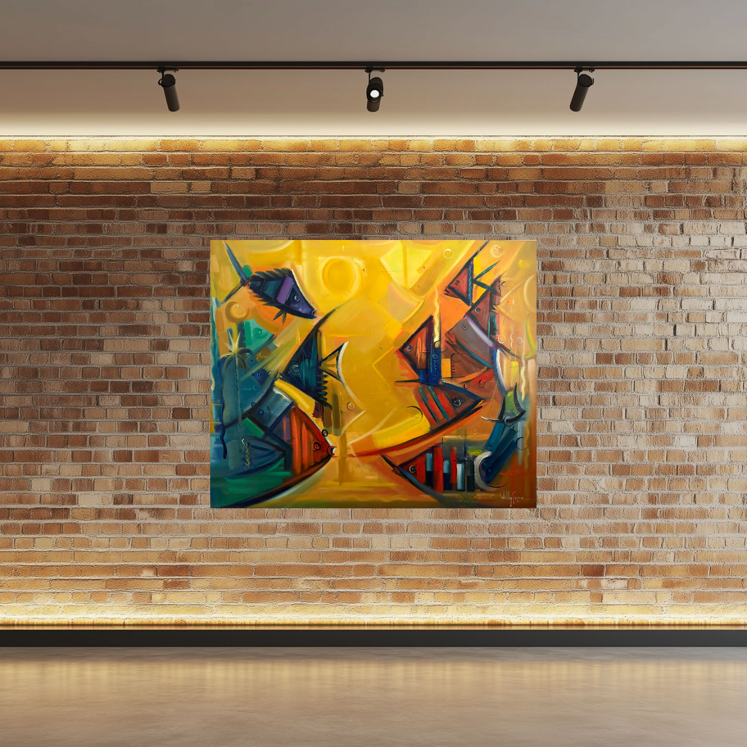 Acuario by Willy Pérez shown on an exposed brick wall, large original fish painting in gold, red and blue