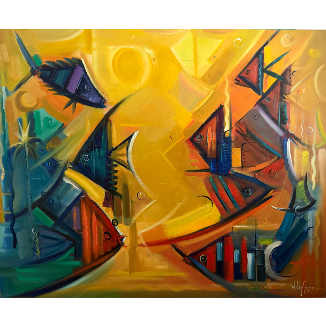 Acuario, original mixed media fish painting by Willy Pérez, angular fish in red, blue and teal on gold, Marcolina’s Fine Arts Gallery, Tampa, Florida