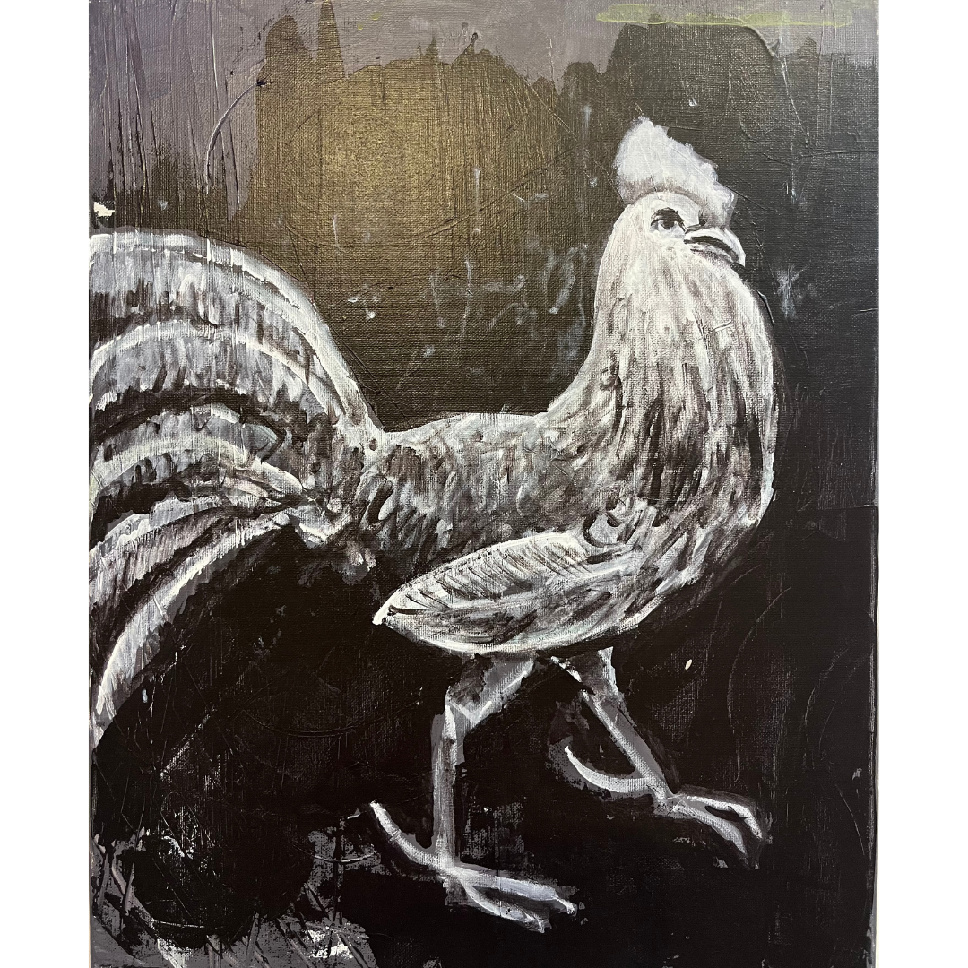 Acrylic painting of a monochrome rooster in black and white by expressionist painter Guillo Perez 3.