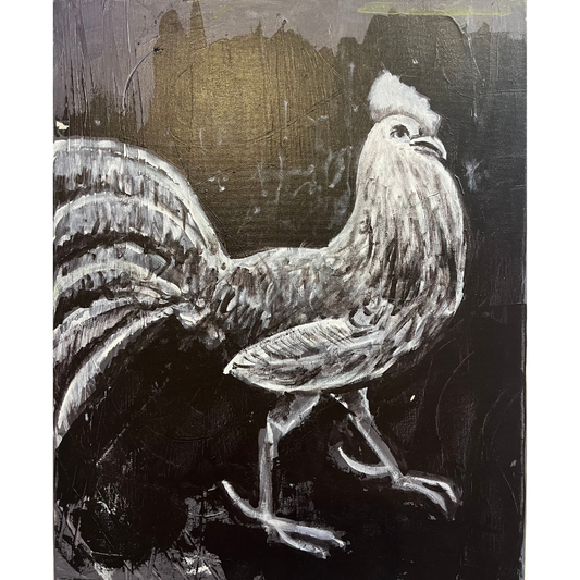 Acrylic painting of a monochrome rooster in black and white by expressionist painter Guillo Perez 3.