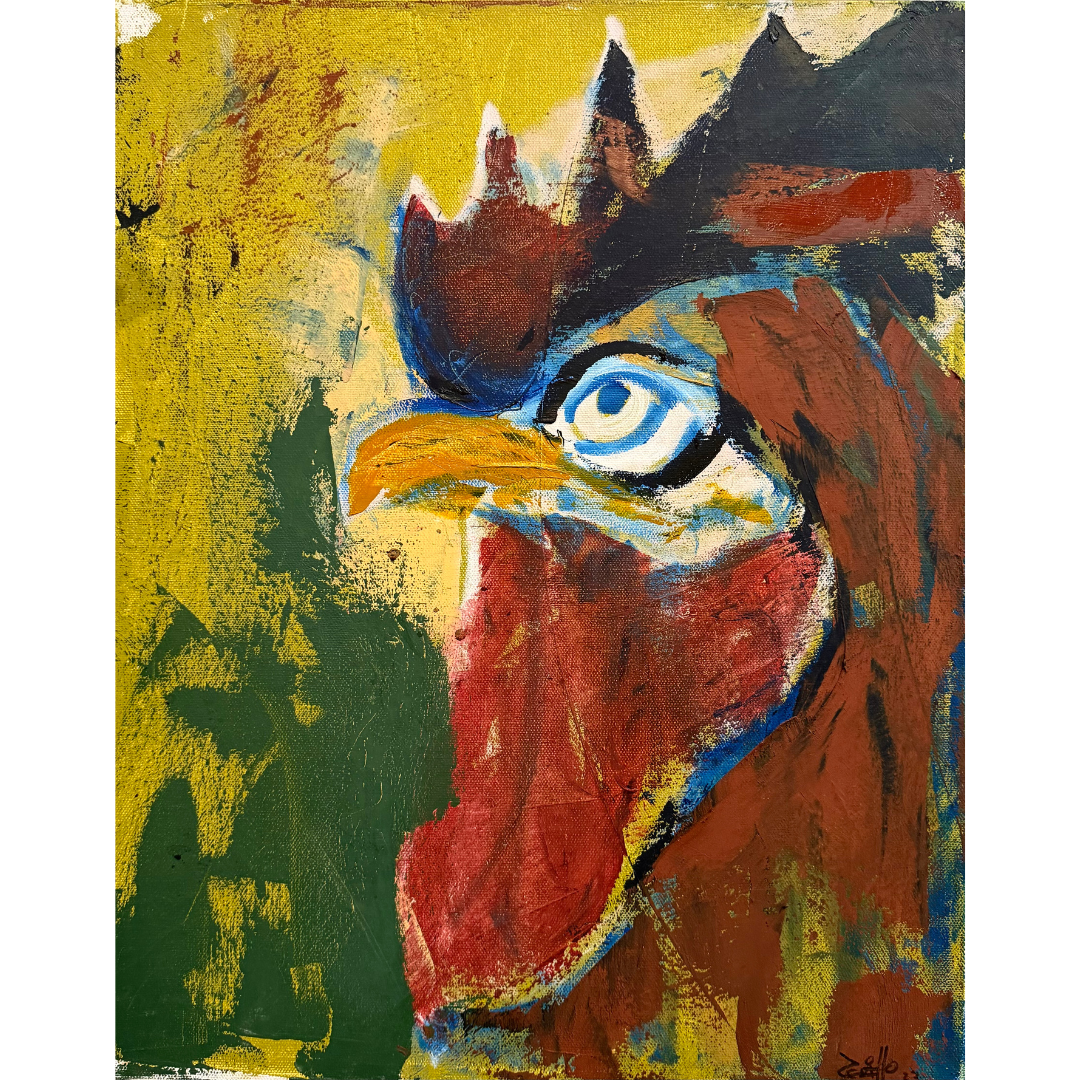 Pharaoh Rooster by Guillo Pérez III – expressive rooster oil painting with bold textures and vibrant color.