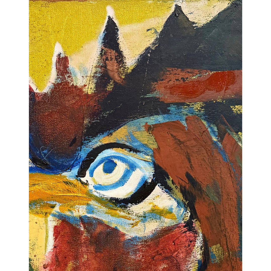 Close-up detail of Pharaoh Rooster by Guillo Pérez III showing textured brushwork.