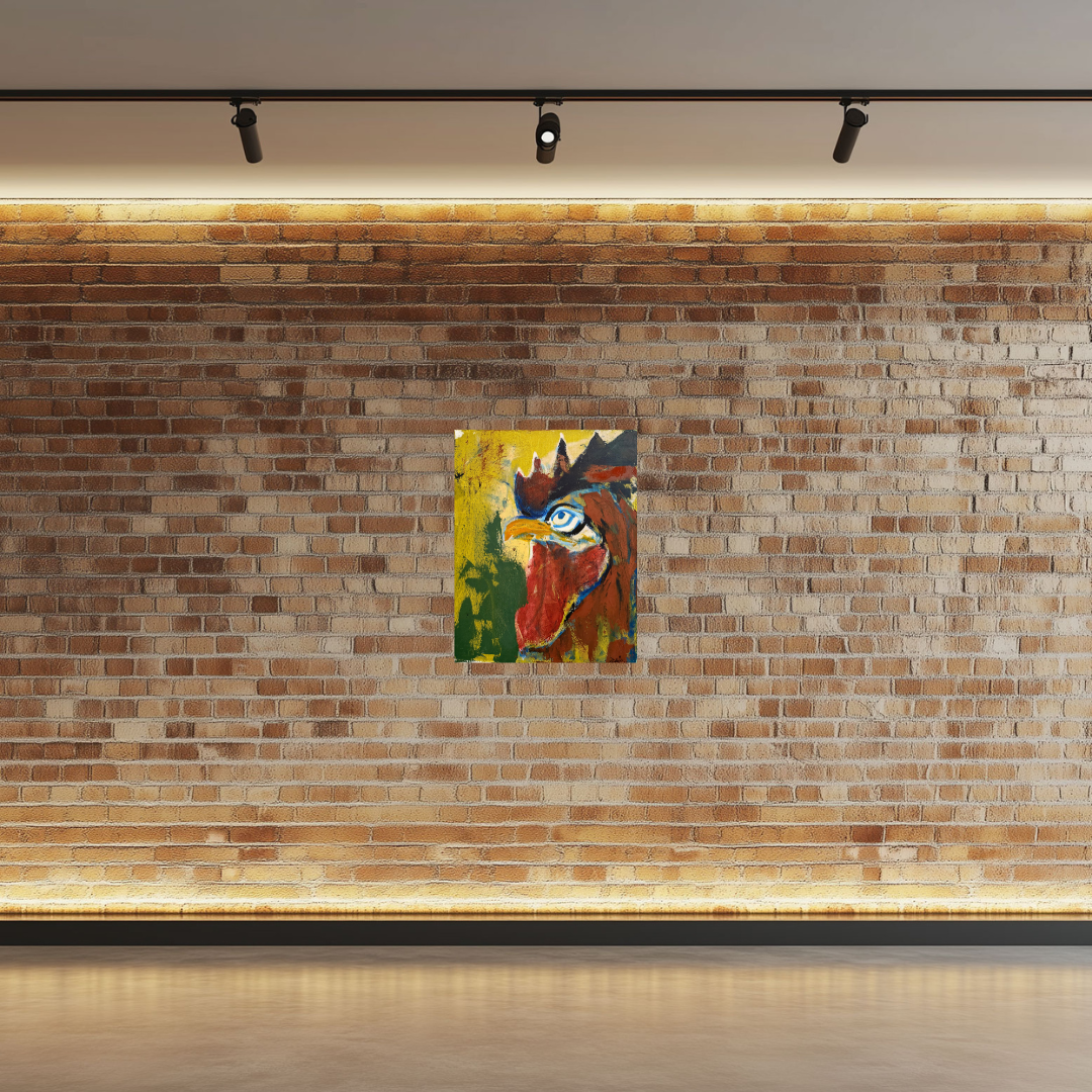 Pharaoh Rooster by Guillo Pérez III oil painting against a brick wall with warm lighting.