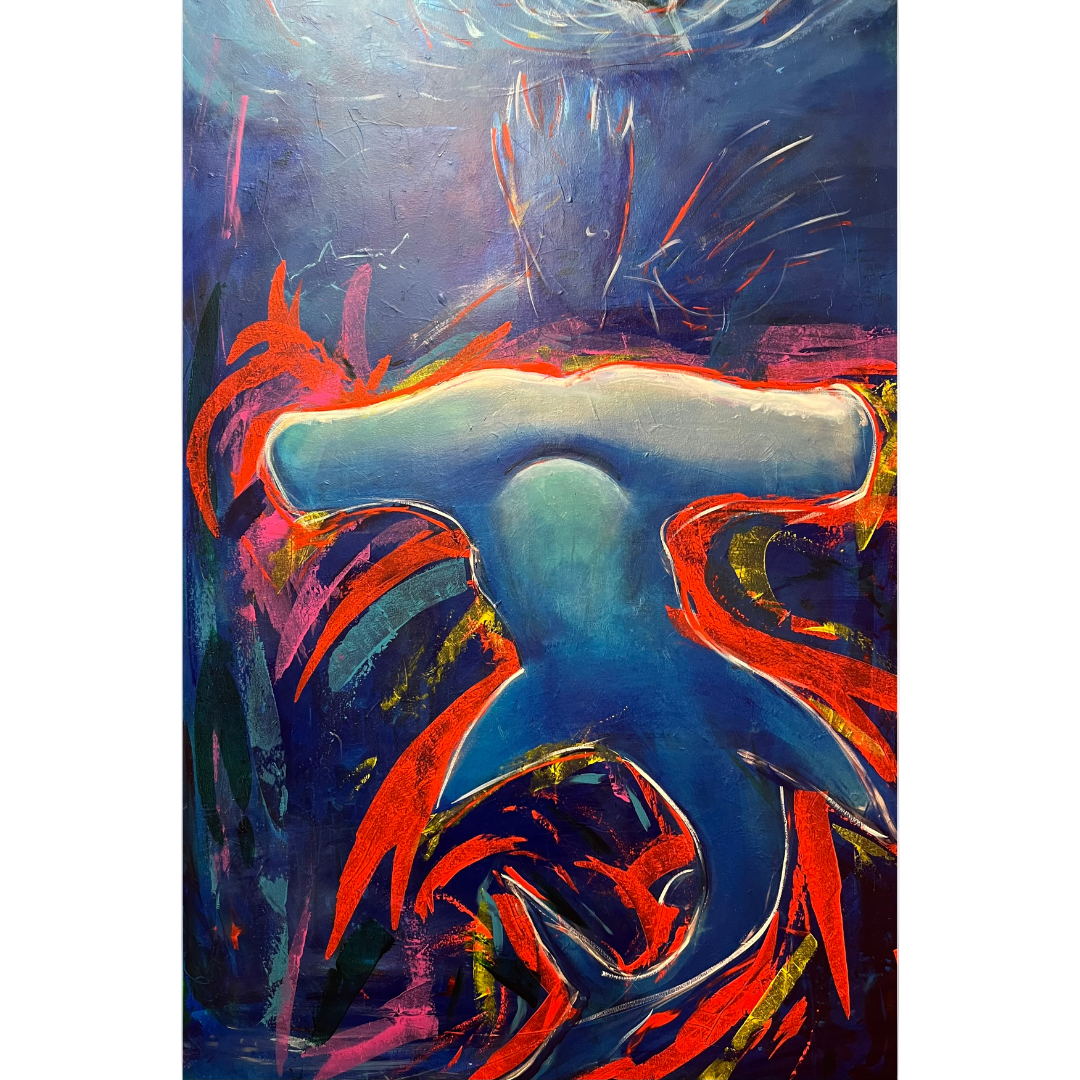 Poseidon by Guillo Pérez III, abstract acrylic painting featuring a blue mythic figure surrounded by red and purple energetic oceanic strokes.