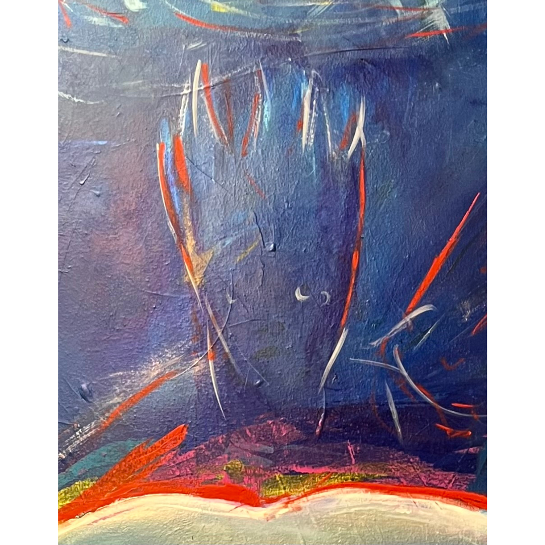 A section of Poseidon painting by Guillo Pérez III, vibrant abstract acrylic painting featuring a blue mythic figure with a crown.