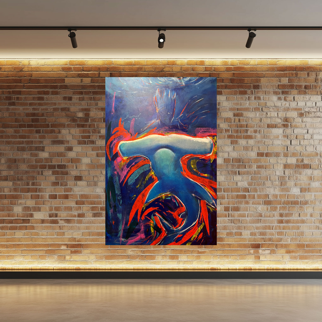Poseidon by Guillo Pérez III, vibrant abstract acrylic painting featuring a blue mythic figure surrounded by red and purple energetic oceanic strokes, over a brick wall.