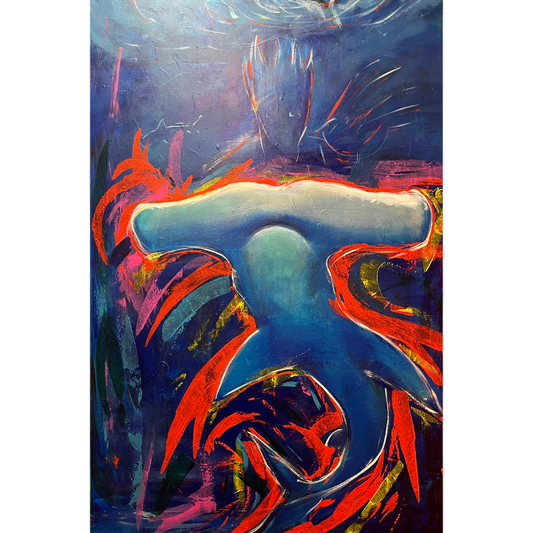 Poseidon by Guillo Pérez III, abstract acrylic painting featuring a blue mythic figure surrounded by red and purple energetic oceanic strokes.