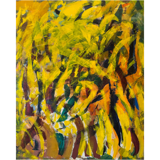 Solar Drift by Guillo Pérez 3, abstract cosmic acrylic painting from the Nebula Collection featuring vibrant yellow, green, and ember tones in sweeping motion.