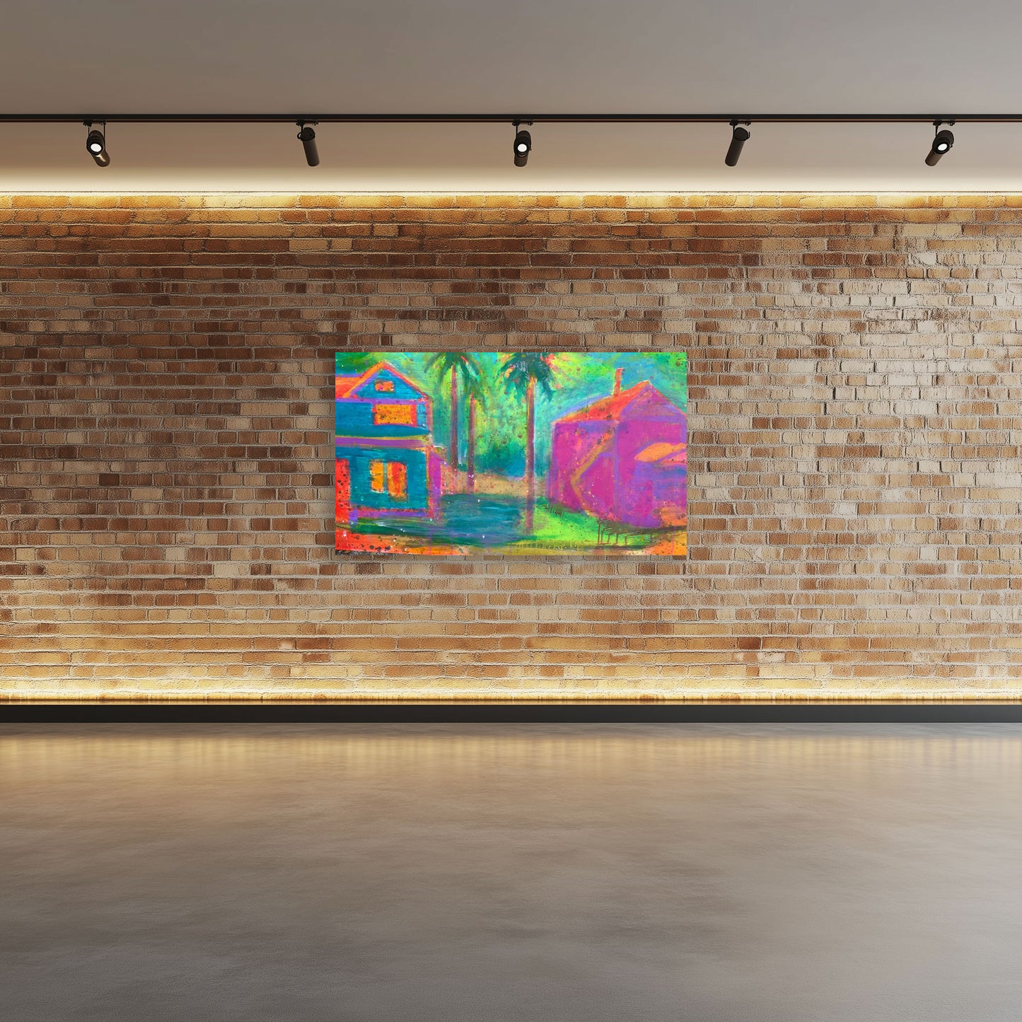 Acrylic painting “Sun and Moon” by Guillo Pérez III featuring two colorful South Tampa Victorian homes, one pink, one turquoise, presented over a brick wall.