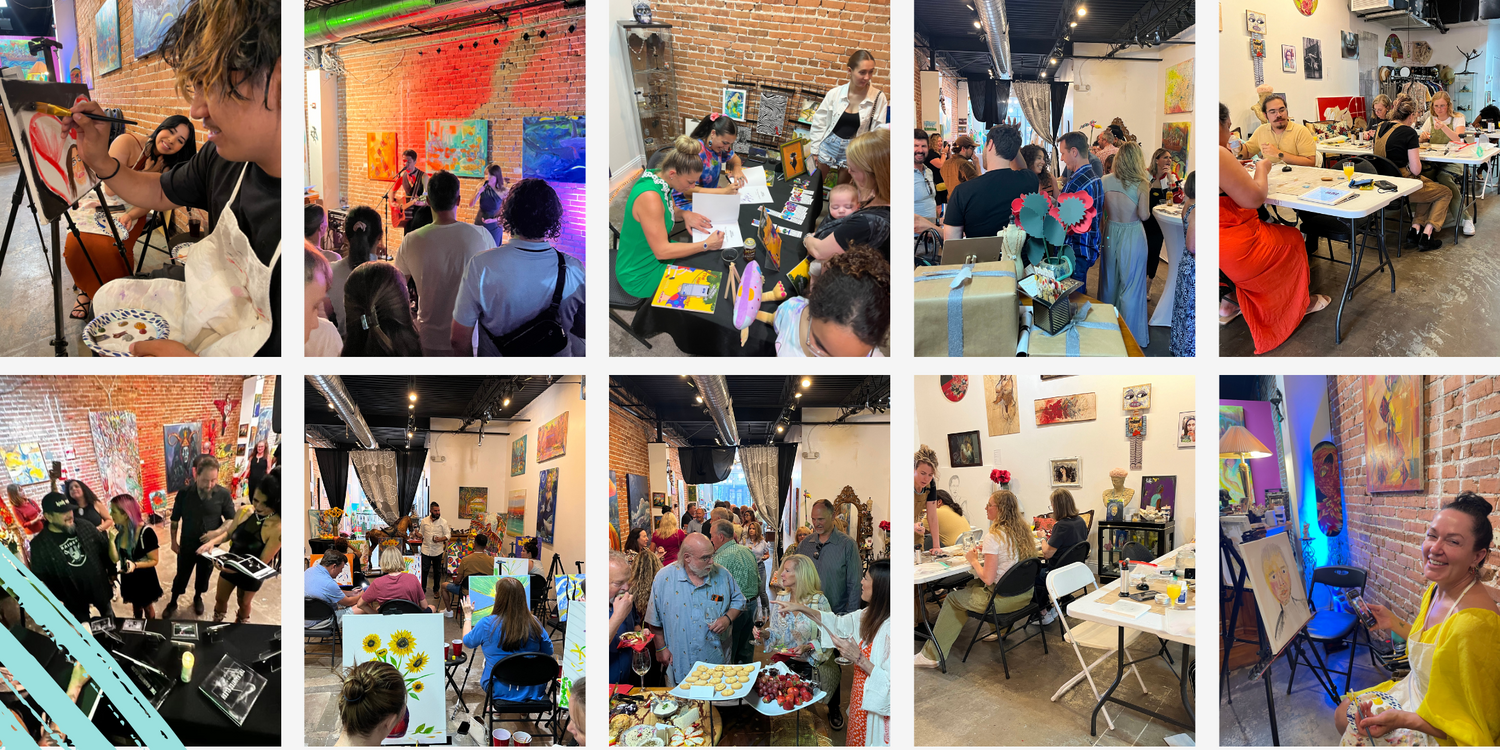 Collage of different private venue rental events, including birthdays, concerts, wine tasting and social gatherings.