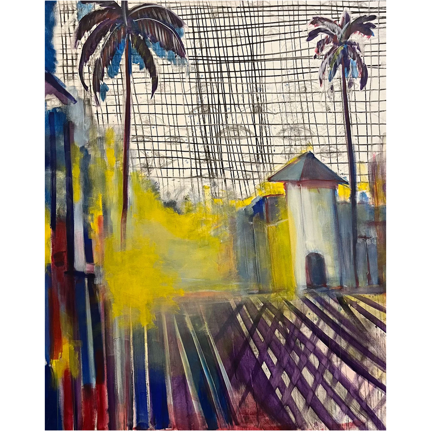 Ybor City III by Guillo Perez III, mixed media on canvas capturing the spirit of Ybor City with expressive palm trees, architecture, and vibrant yellow, purple, and blue hues.