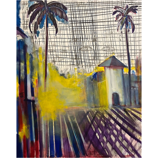 Ybor City III by Guillo Perez III, mixed media on canvas capturing the spirit of Ybor City with expressive palm trees, architecture, and vibrant yellow, purple, and blue hues.